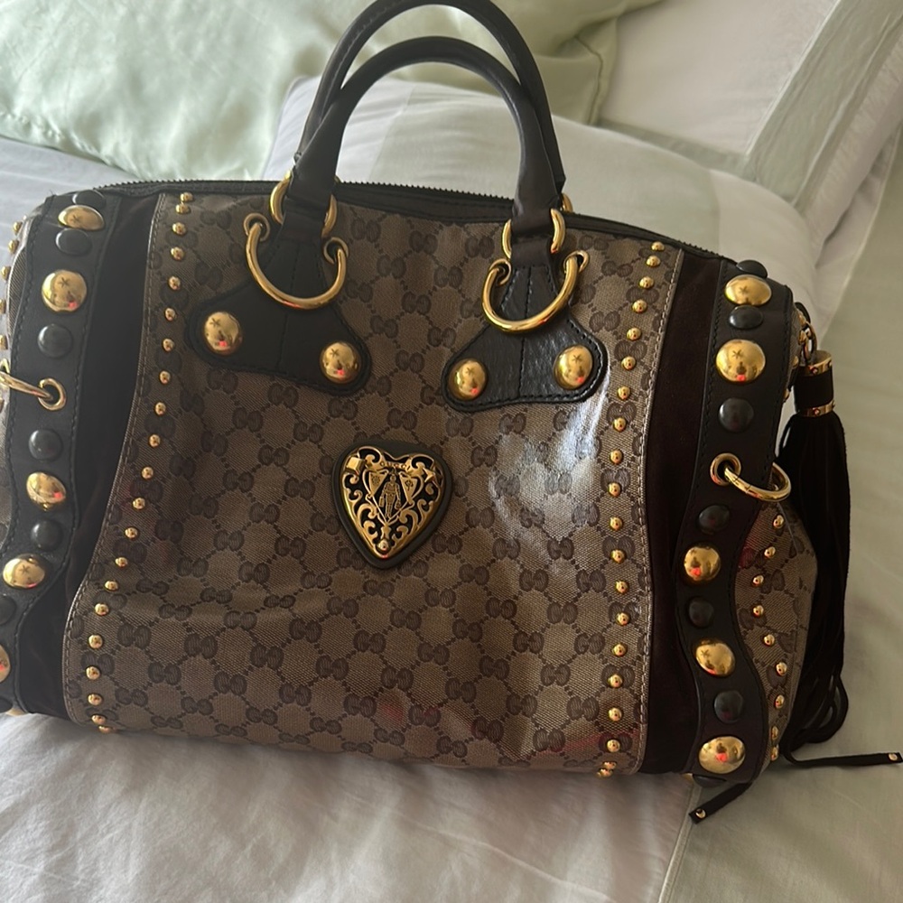 Gucci Brown and Black Monogram Satchel with Gold Studs
